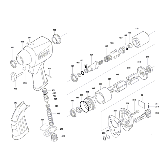 Pneumatic 3/8" Impact Wrench Assembly for Bosch 0 607 450 626