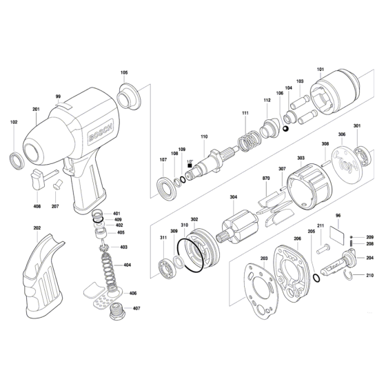 Pneumatic 1/2" Impact Wrench Assembly for Bosch 0 607 450 628