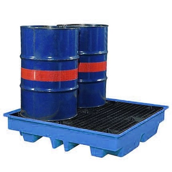 230 Litre / 4 Drum Blue Polyethylene Spill / Drip Forklift Pallet c/w Grate