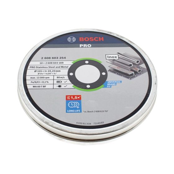 Bosch 10 Pack 4 1/2" (115mm) Metal Cutting Discs - 1mm Thickness, 22.23mm Bore - OEM No. 2608603254