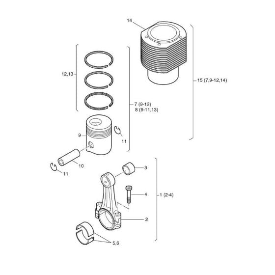 Piston, Conrod Assembly for Hatz 2L41C Diesel Engines