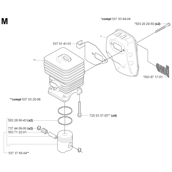 Cylinder, Piston & Muffler Assembly for Husqvarna 325 HE3 X-Series Hedge Trimmers