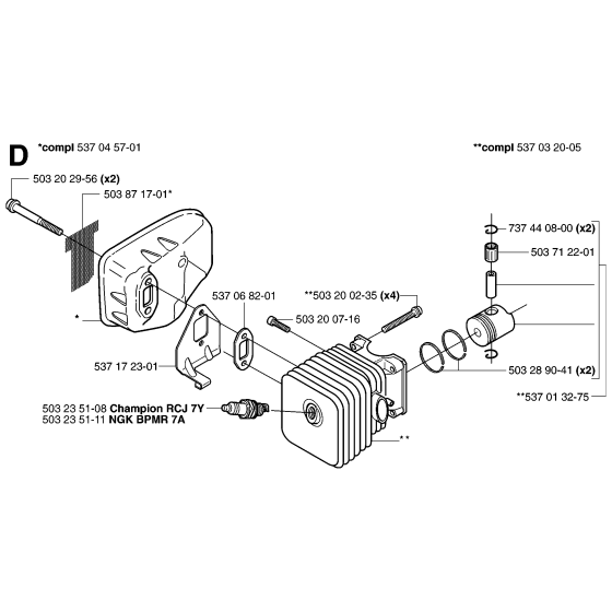 Cylinder, Piston & Muffler Assembly for Husqvarna 325 HS75 X-Series Hedge Trimmers