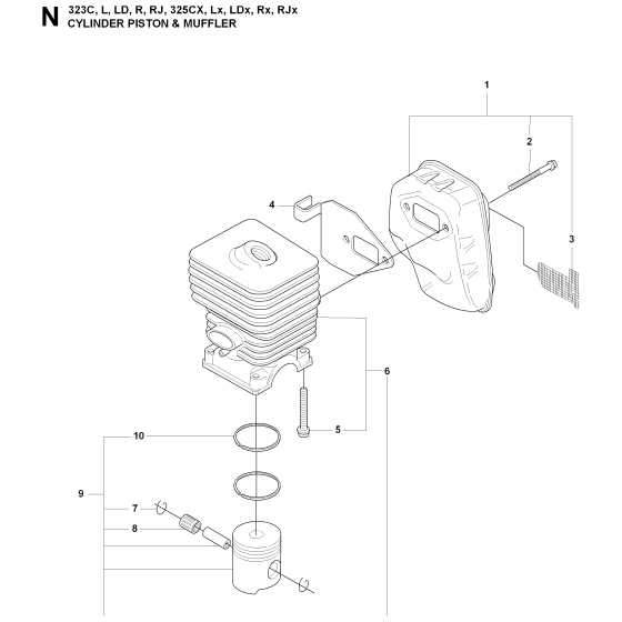 Cylinder, Piston & Muffler Assembly For Husqvarna 325RJX Brushcutter