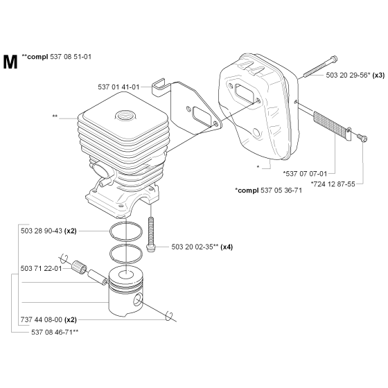 Cylinder, Piston & Muffler Assembly for Husqvarna 326 HDA55 X-Series Hedge Trimmers