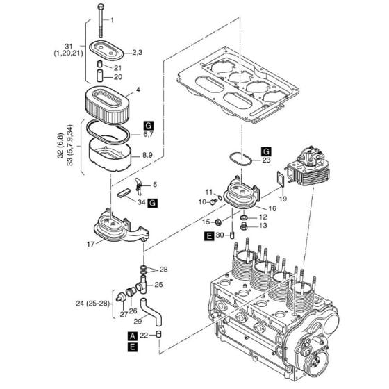 Air Filter, Air Intake Assembly for Hatz 3L41C Diesel Engines