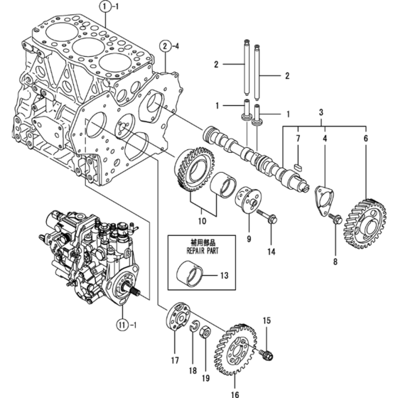 Camshaft and Driving Gear Assembly for Yanmar 3TNV82A-BPTB Engine