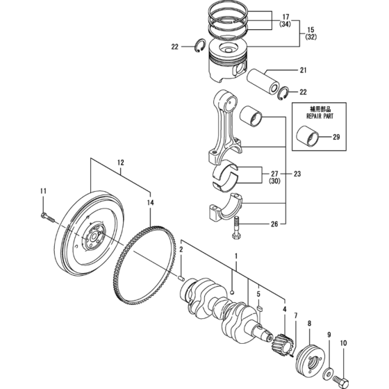 Crankshaft and Piston Assembly for Yanmar 3TNV82A-BPTB Engine