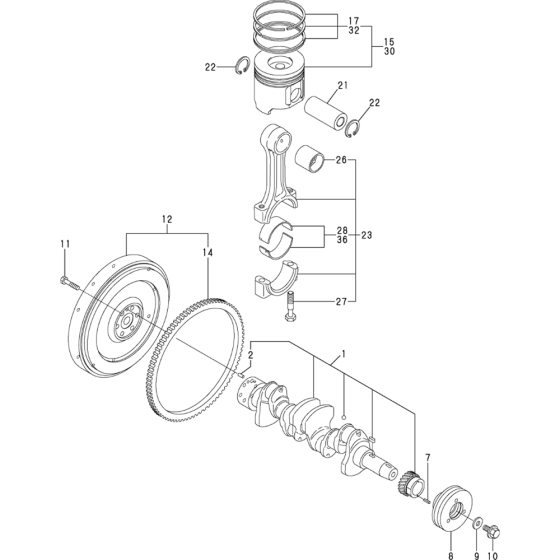 Crankshaft and Piston Assembly for Yanmar 4TNV88-XWA Engine