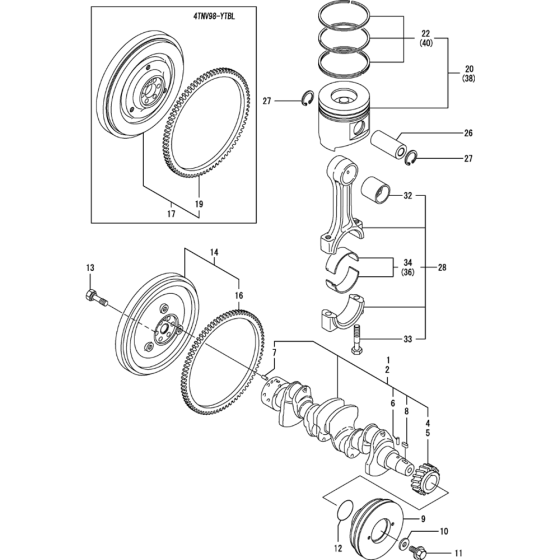 Crankshaft and Piston Assembly for Yanmar 4TNV98-VTBZ Engine