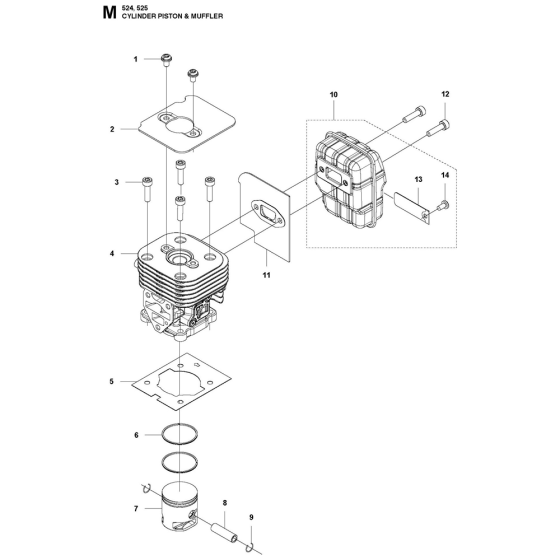 Cylinder, Piston & Muffler Assembly For Husqvarna 525RJD Brushcutters