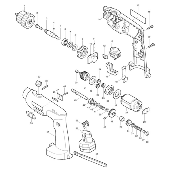 Complete Assembly for Makita 8411D 10mm Cordless Hammer Drill