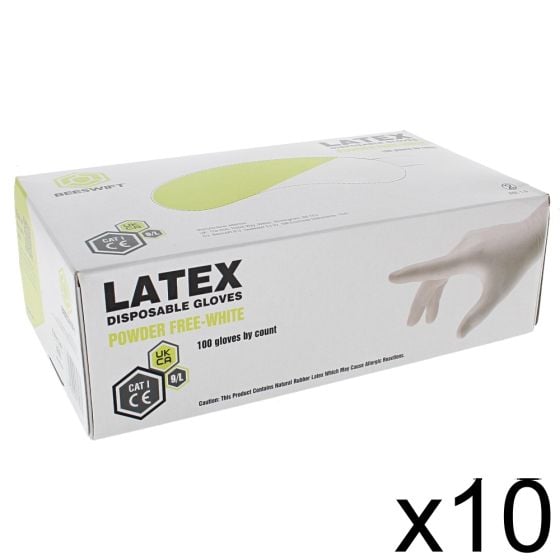 Latex Powder Free Gloves Beaded Cuff EN455 Single Use White Box of 1000 LGE