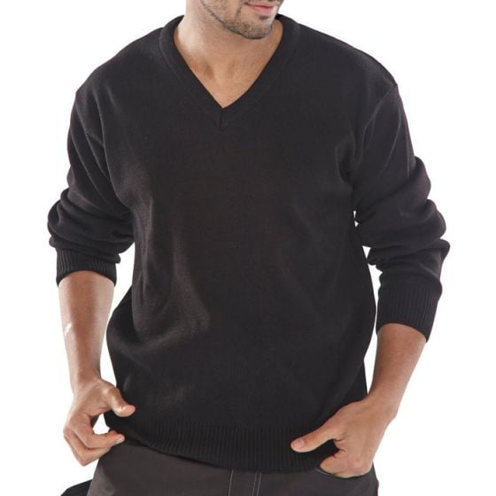 V-Neck Sweater Thick Acrylic Material Ribbed Waistband & Cuffs Black XL