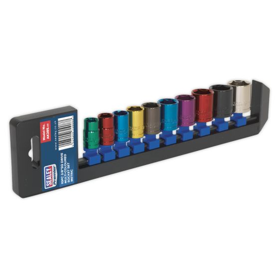 Multi-Coloured Socket Set 10pc 3/8"Sq Drive 6pt WallDrive Metric Sealey Part No. AK285