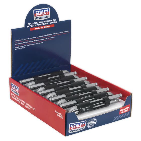 Ball-End Hex Key Set with Power Bar 8pc Long Display Box of 10 Sealey Part No. AK7185