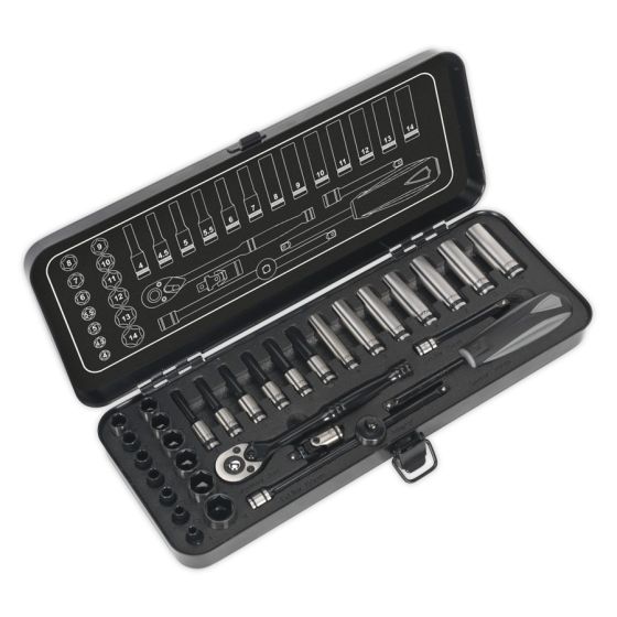 Socket Set 32pc 1/4"Sq Drive 6pt WallDrive Metric Black Series Sealey Part No. AK7970