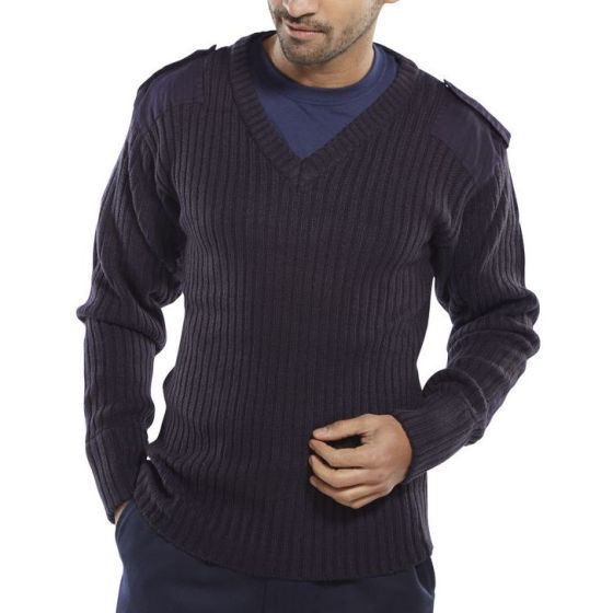 V-Neck Military Style Sweater c/w Elbow Patches Ribknit Material N/Blue XXL