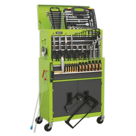 Topchest & Rollcab Combination 6 Drawer with Ball Bearing Slides - Hi-Vis Green/Grey & 128pc Tool Kit Sealey Part No. AP2200COMBOHV