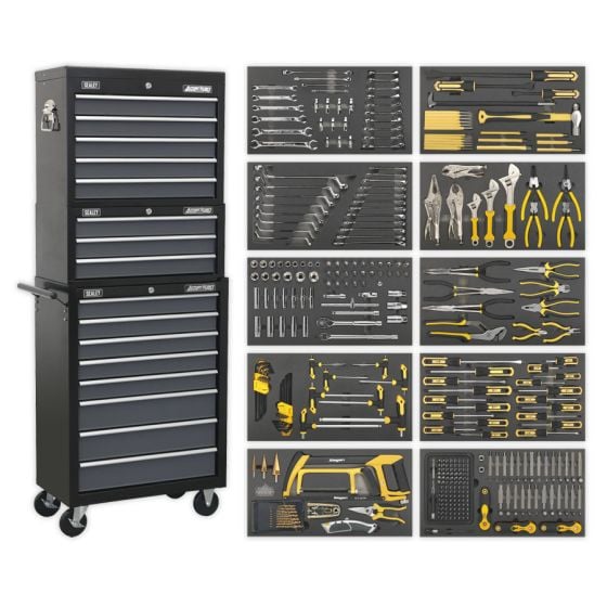 Tool Chest Combination 16 Drawer with Ball Bearing Slides - Black/Grey & 420pc Tool Kit Sealey Part No. AP35TBCOMBO