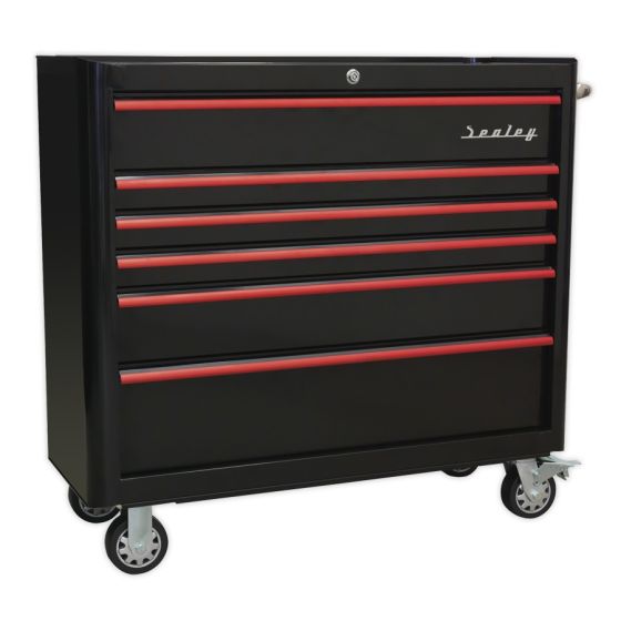Rollcab 6 Drawer Wide Retro Style - Black with Red Anodised Drawer Pulls Sealey Part No. AP41206BR