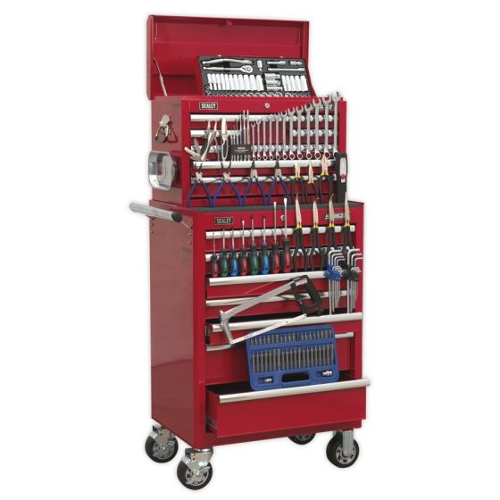 Topchest & Rollcab Combination 15 Drawer with Ball Bearing Slides - Red & 147pc Tool Kit Sealey Part No. APCOMBOBBTK57