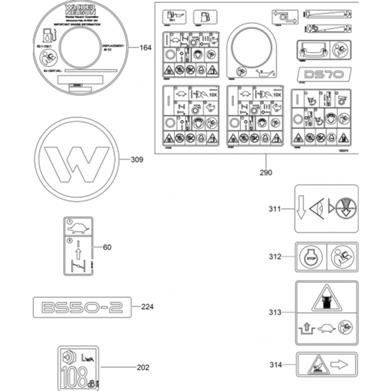 Labels Assembly for Wacker Neuson BS50-2 Later (Walbro, Auto Choke Carb) Trench Rammer