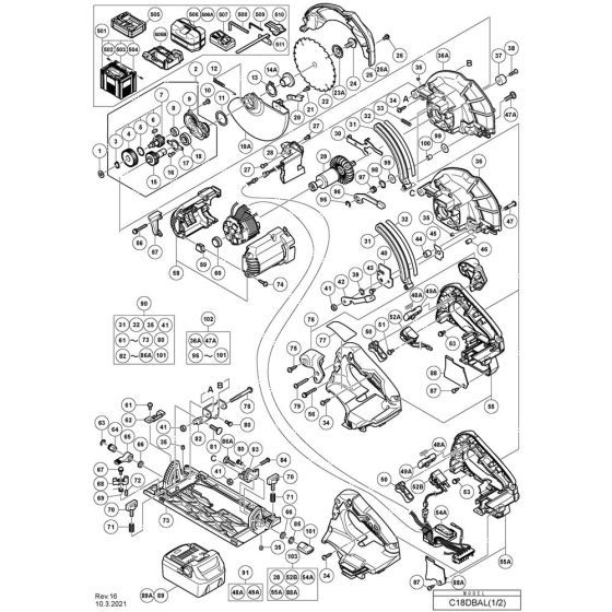 Main Assembly 1 for Hikoki C18DBAL Cordless Circular Saw