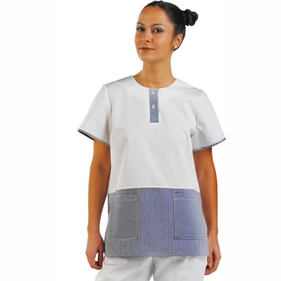 Ladies Tunic Poly/Cotton 2 Button Placket Patch Pockets Blue/Wht Stripe MED