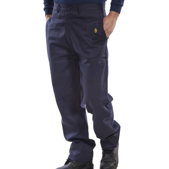 Trousers Button Waistband 300gsm Cotton Flame Retardant Navy Blue Size 34