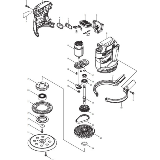 Main Assembly for Makita DBO180RFE Cordless Random Orbit Sander 