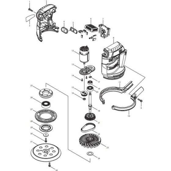 Main Assembly for Makita DBO180Z Cordless Random Orbit Sander 