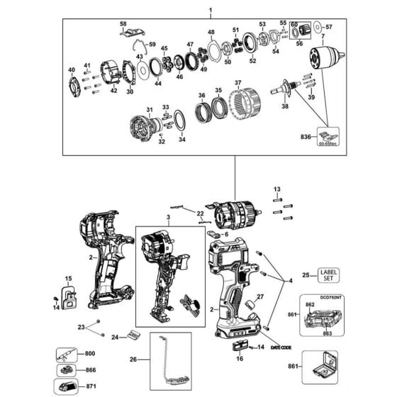 Main Assembly for DeWalt DCD792 Cordless Drill