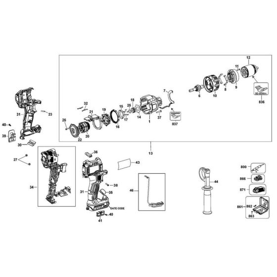 Main Assembly for DeWalt DCD992 Cordless Drill