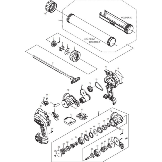 Main Assembly for Makita DCG180RFB Cordless Caulking Gun 