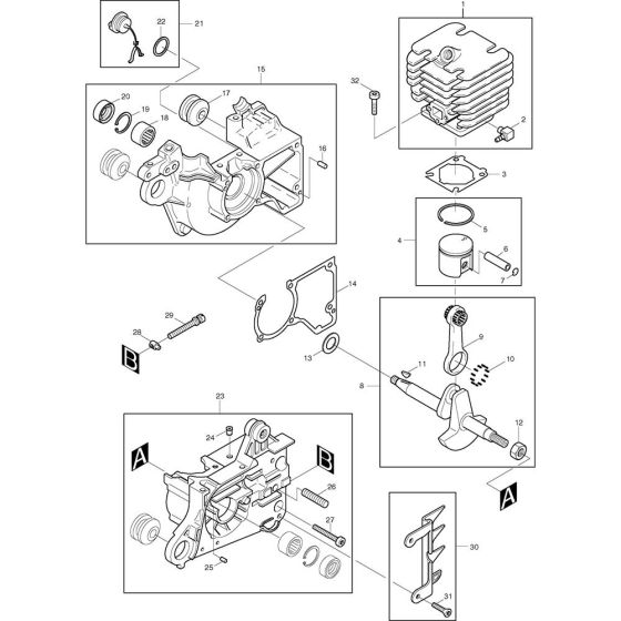 Cylinder, Piston, Crankcase and Crankshaft Assembly for Makita DCS340-35 Chainsaws