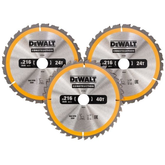 Construction Circular Saw Blade 3 Pack 216 x 30mm 2 x 24T 1 x 40T by DEWALT - DT1962-QZ