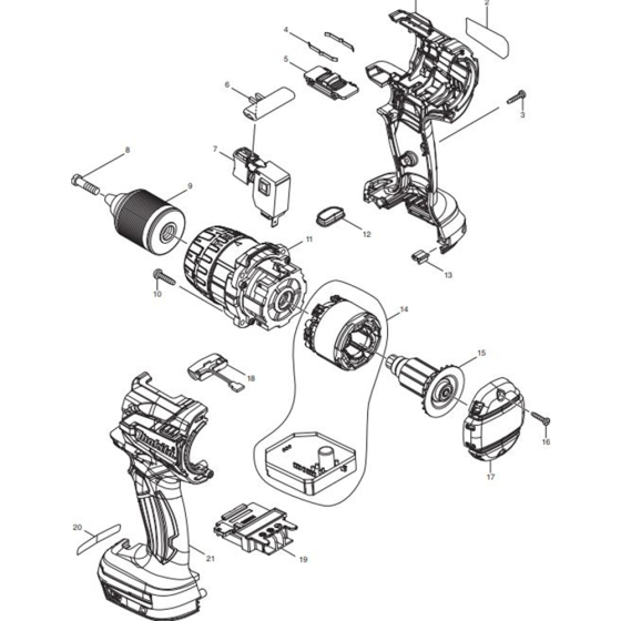 Main Assembly for Makita DHP481Z Cordless Hammer Driver Drills