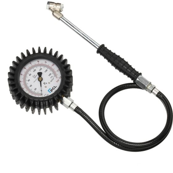 PCL Tyre Check Dial Gauge (80mm Dia) 0-170 Psi & 0-12 Bar, Twin Hold-On Connector - DPG3H03