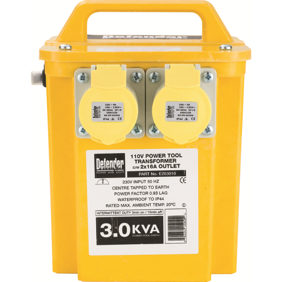 3KVA Transformer 2x16A Outlets c/w 13A plug on 2M 3 core cable 110V