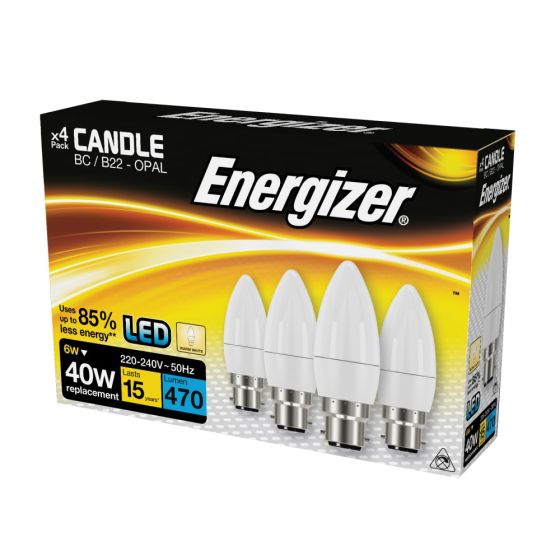 Energizer LED BC (B22) 5.2W 470 lm Opal Candle Non-Dimmable Bulb (Warm White) 4 Pack - OEM No. S14331