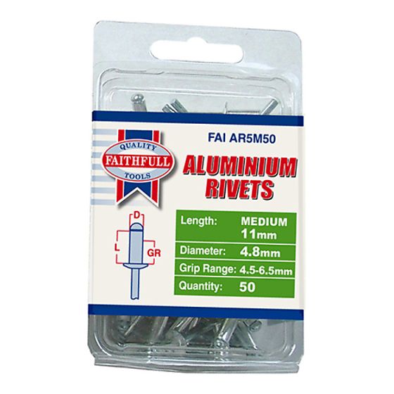 Aluminium Rivets 4.8mm x 11mm Medium Pre-Pack of 50 by Faithfull