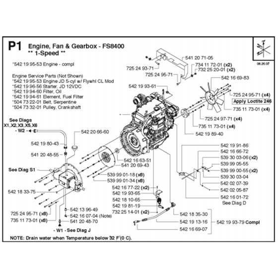 Engine, Fan & Gearbox - 1-Speed Assembly for Husqvarna FS8400 Floor Saw