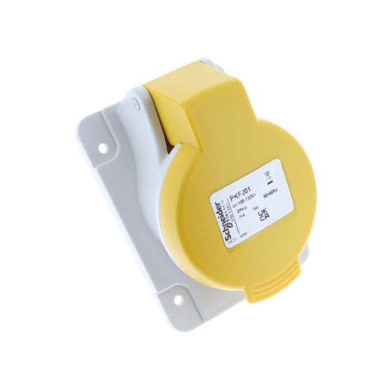 Panel Mount Socket 2P+T 115V 16A IP44 CEE - Yellow Angled - G071133  