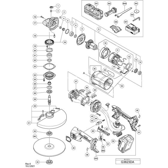 Main Assembly for Hikoki G3623DA Cordless Disc Grinder