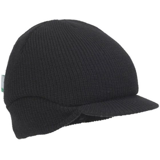 Beanie Cap Black HC23 Short Reduced Peak Universal Fit side Ear Cover Black