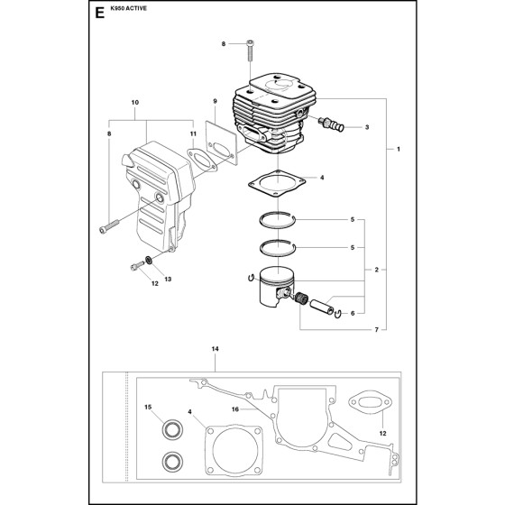 Cylinder, Piston & Muffler Assembly for Husqvarna K950 Disc Cutters