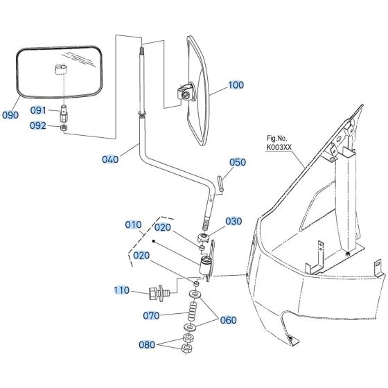 Mirror Assembly for Kubota KX080-5 Mini Excavator