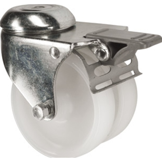 Polypropylene Twin Wheel Braked Swivel Castor, Plain Bearing & Single Hole