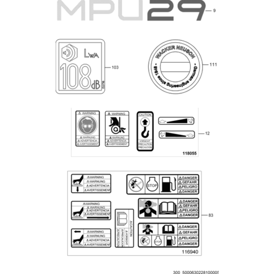 Labels for Wacker MPU29 5000630228 (Petrol) Rev. 103 Reversible Plate Compactors